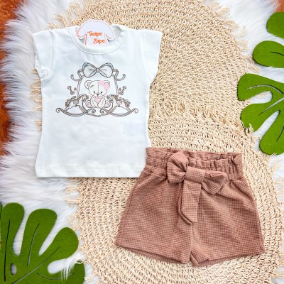 Conj. Blusa Ursinha com Cavalinhos de Brinquedo e Short - Off White e Marom